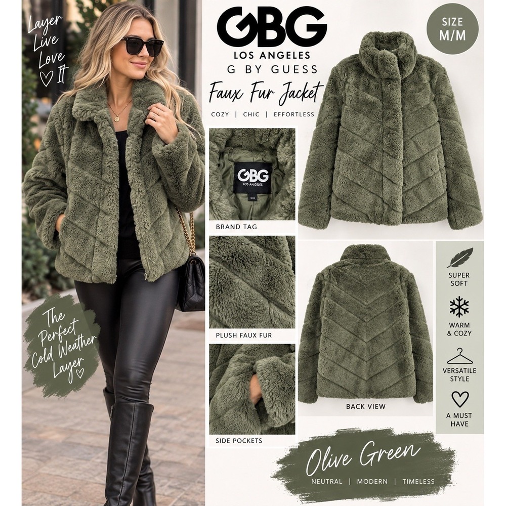 Green Faux Fur Teddy Jacket Plush Chevron Coat Women's M - by Guess Quiet Luxury